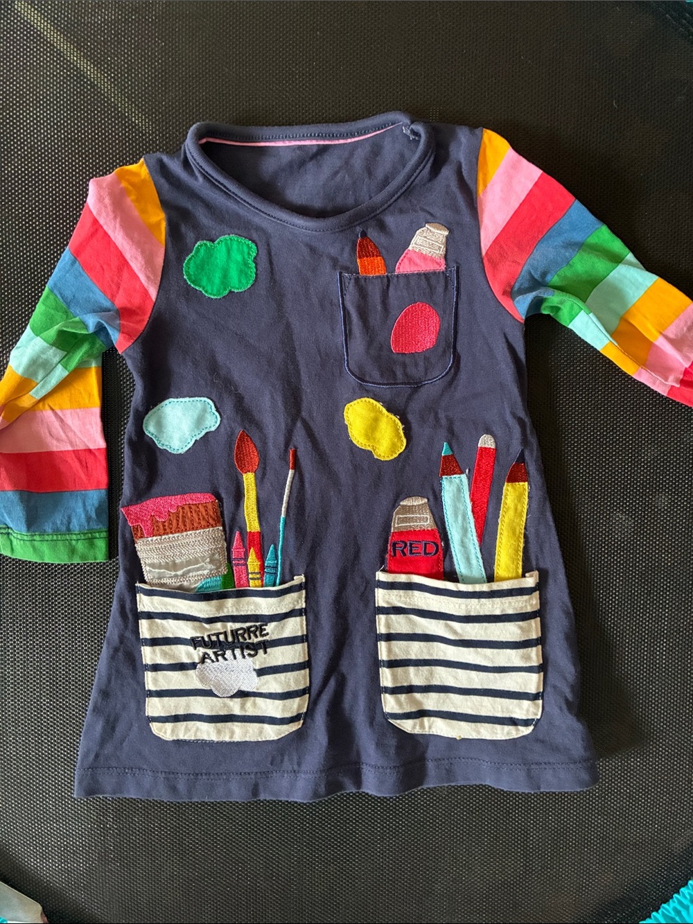 Mini Boden Navy Long-Sleeve Art Pocket Top with Rainbow Striped Sleeves
